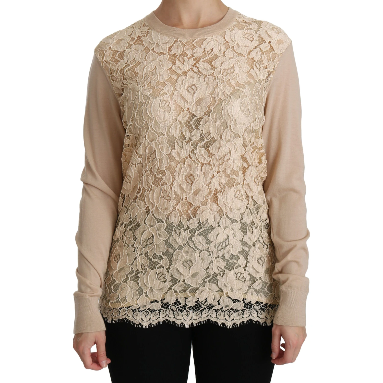 Beige Lace Long Sleeve Top Cashmere Blouse