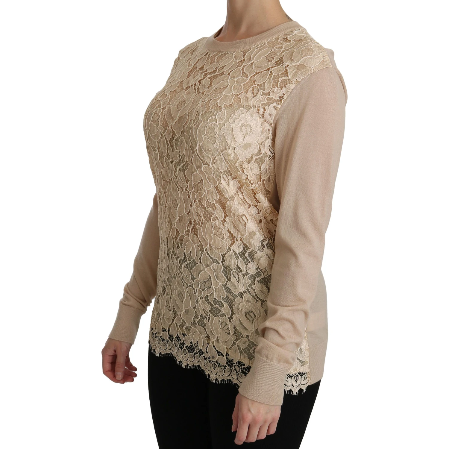 Beige Lace Long Sleeve Top Cashmere Blouse