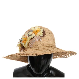 Beige Wide Brim Floral Bucket Capello Hat