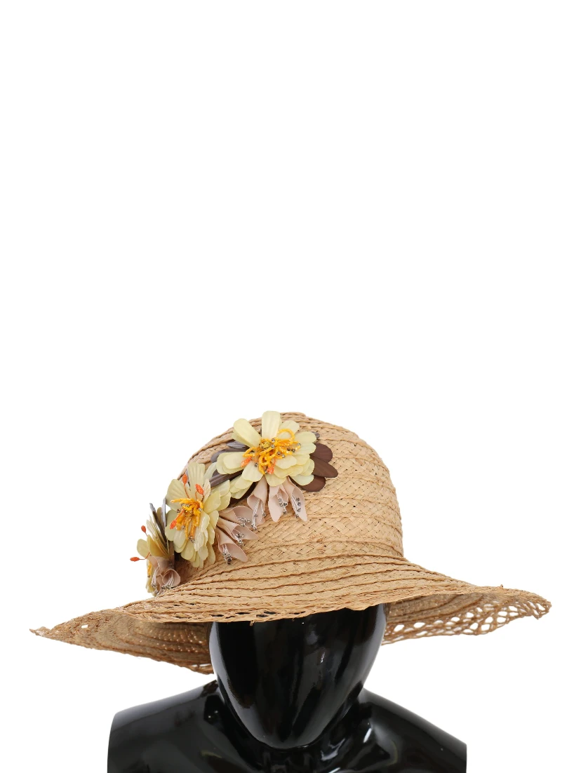 Beige Wide Brim Floral Bucket Capello Hat