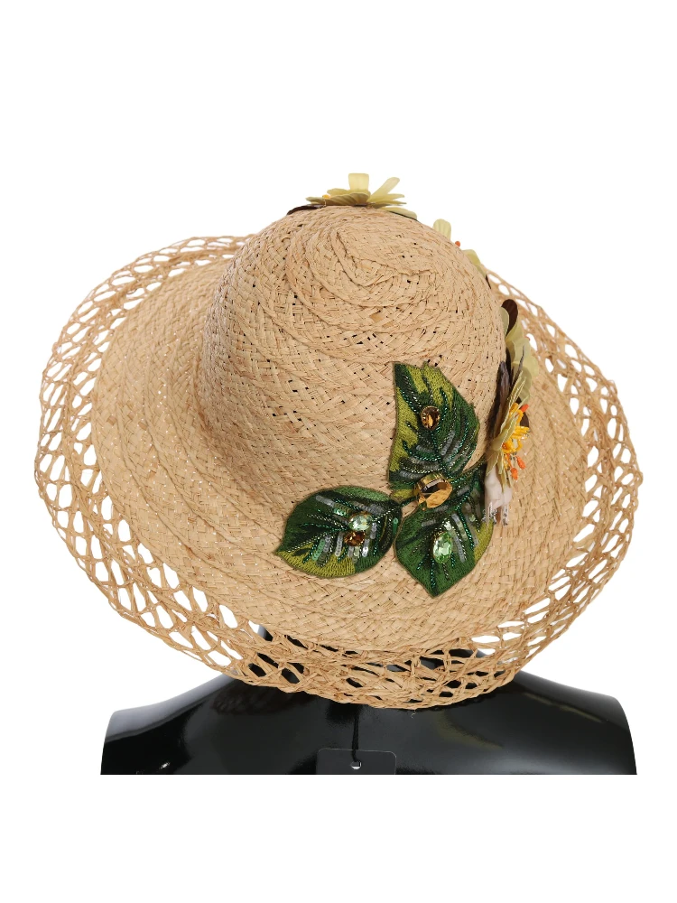 Beige Wide Brim Floral Bucket Capello Hat alternative