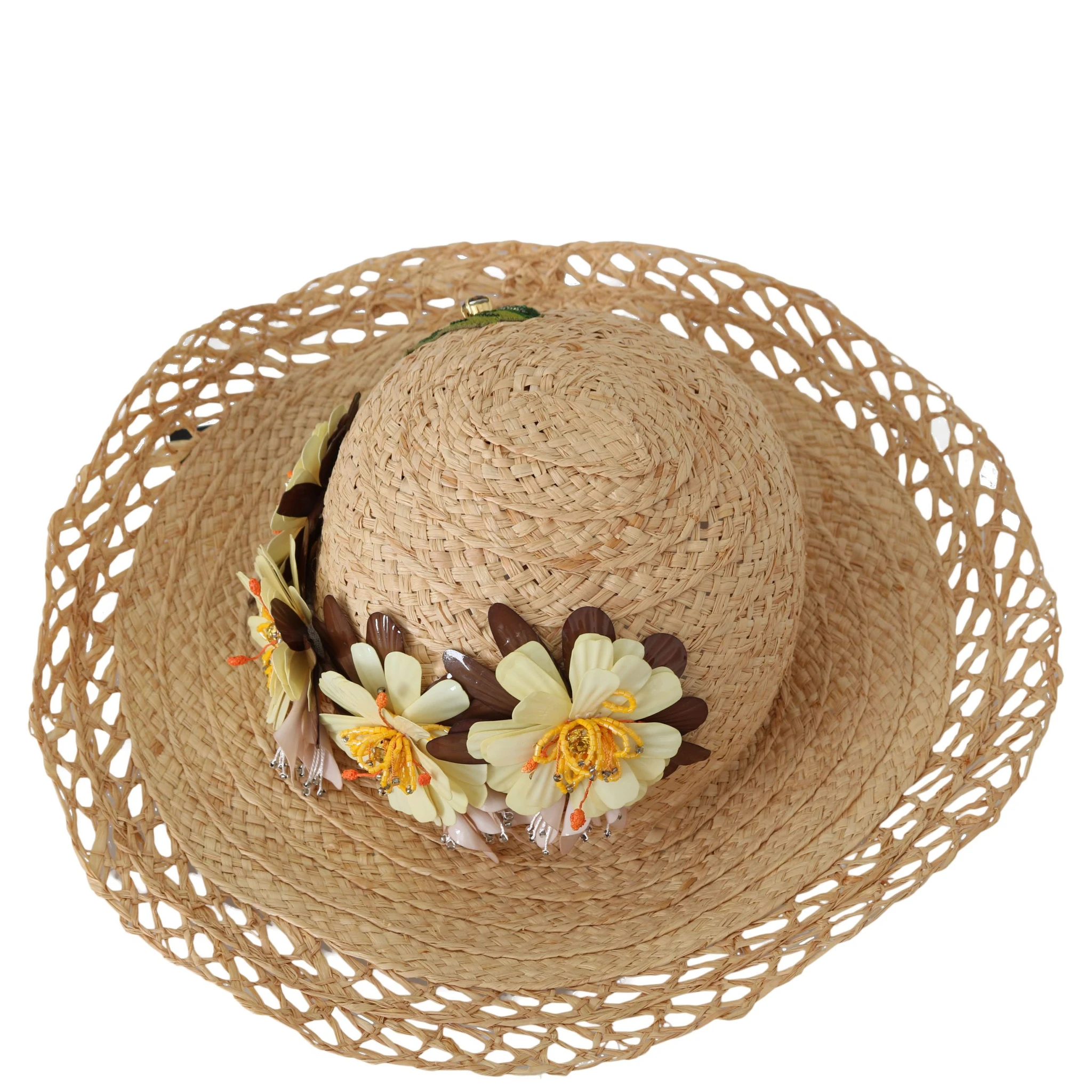 Beige Wide Brim Floral Bucket Capello Hat