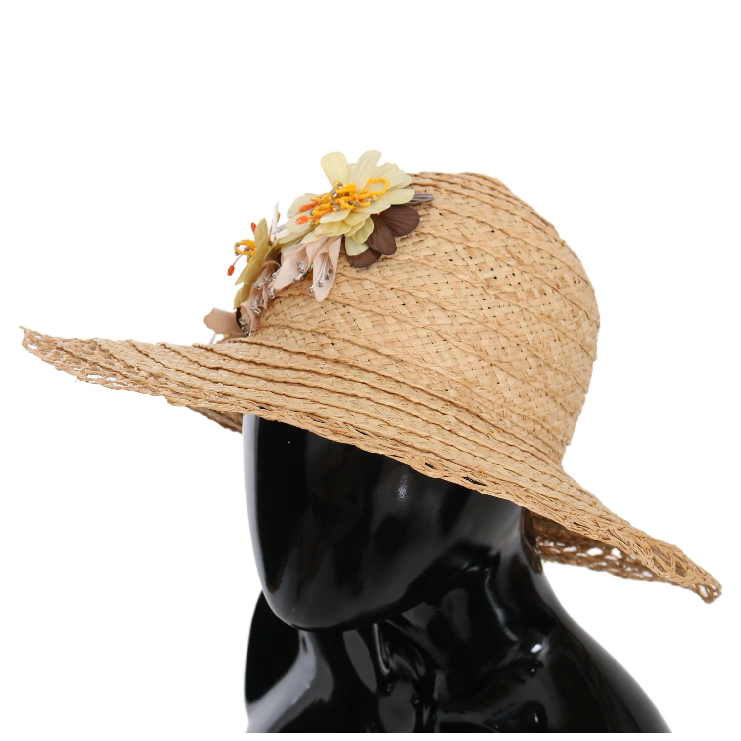 Beige Wide Brim Floral Bucket Capello Hat