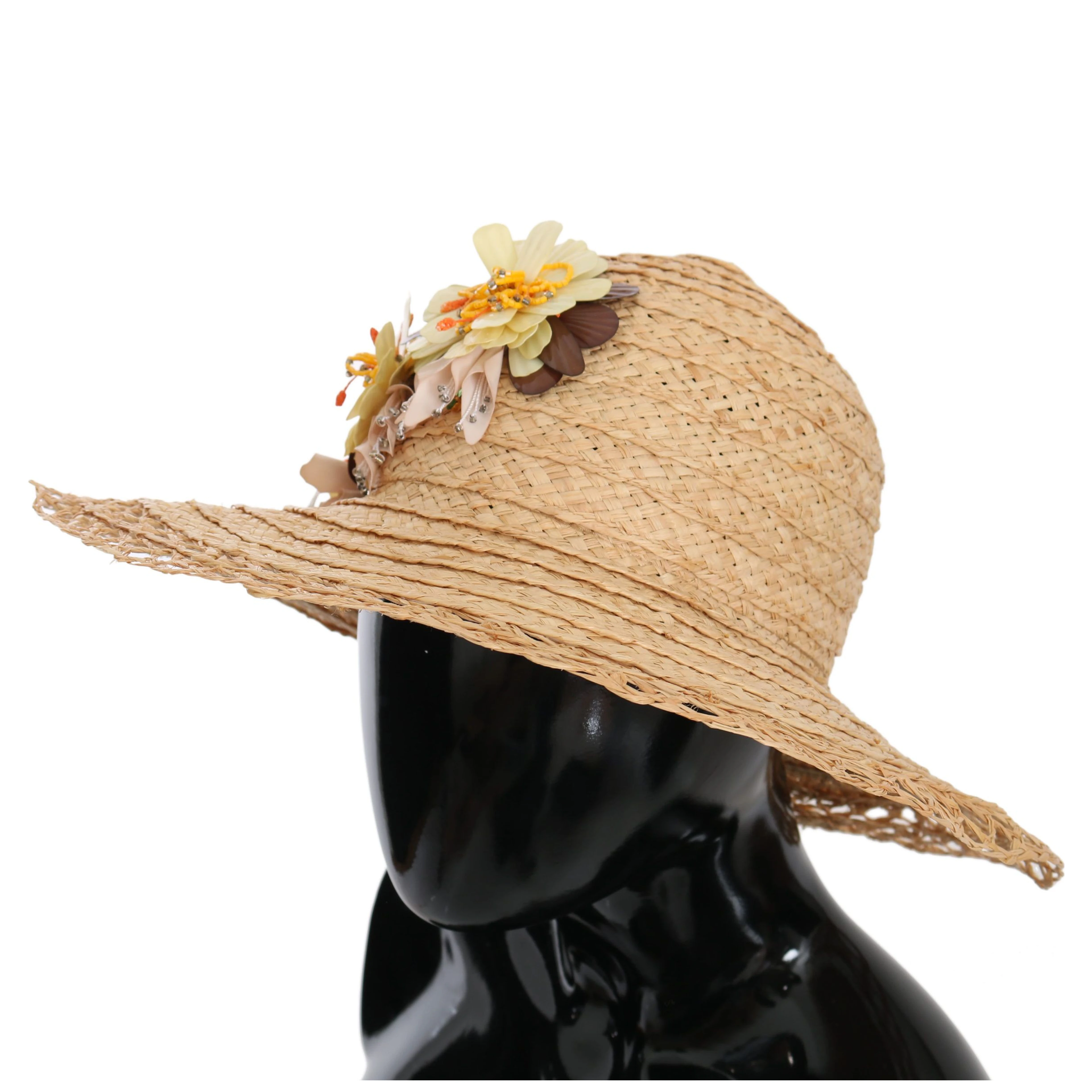 Beige Wide Brim Floral Bucket Capello Hat