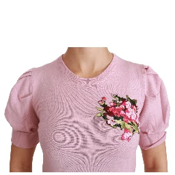 Pink Floral Embroidered Blouse Wool Top