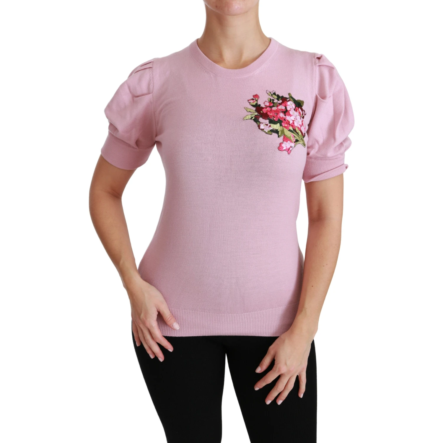 Pink Floral Embroidered Blouse Wool Top