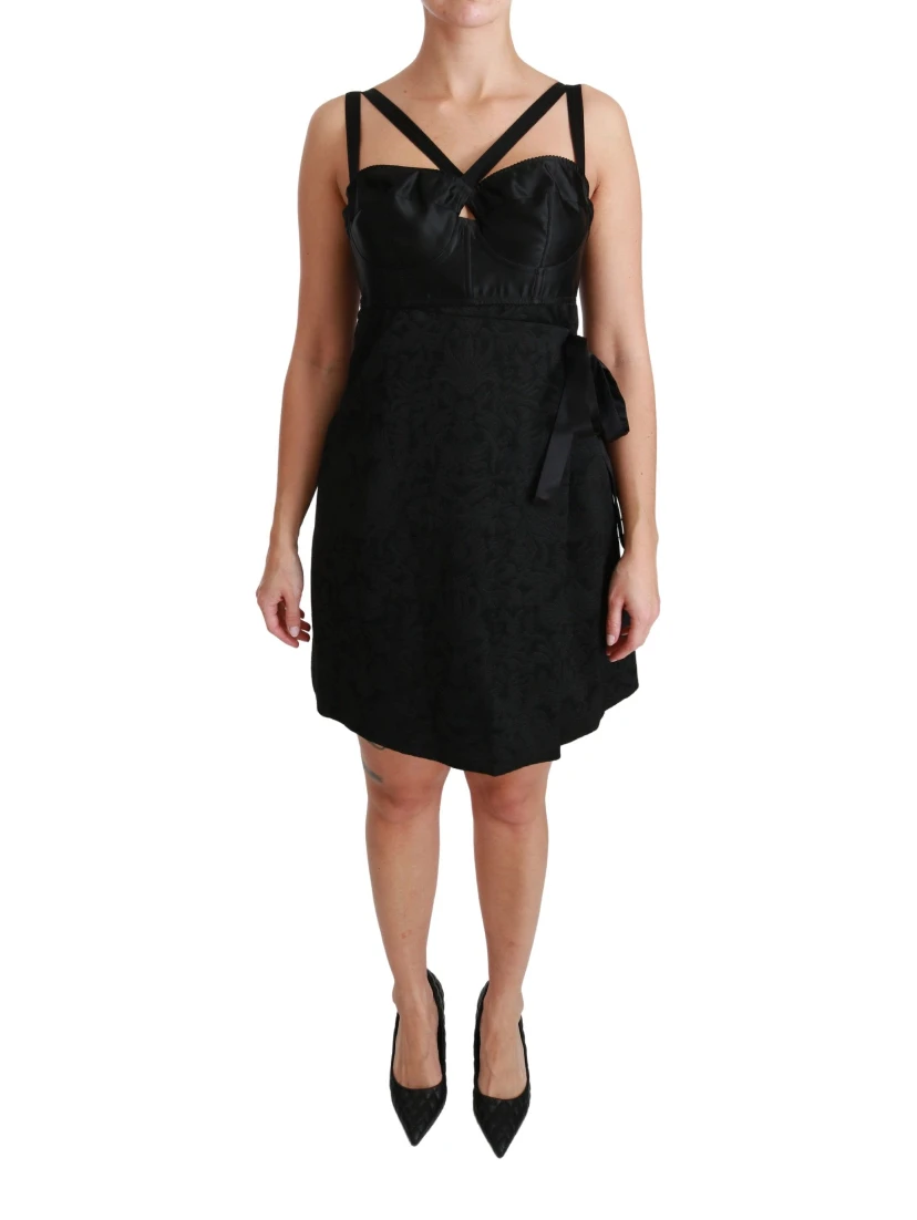 Black Stretch Satin Jacquard Mini Dress