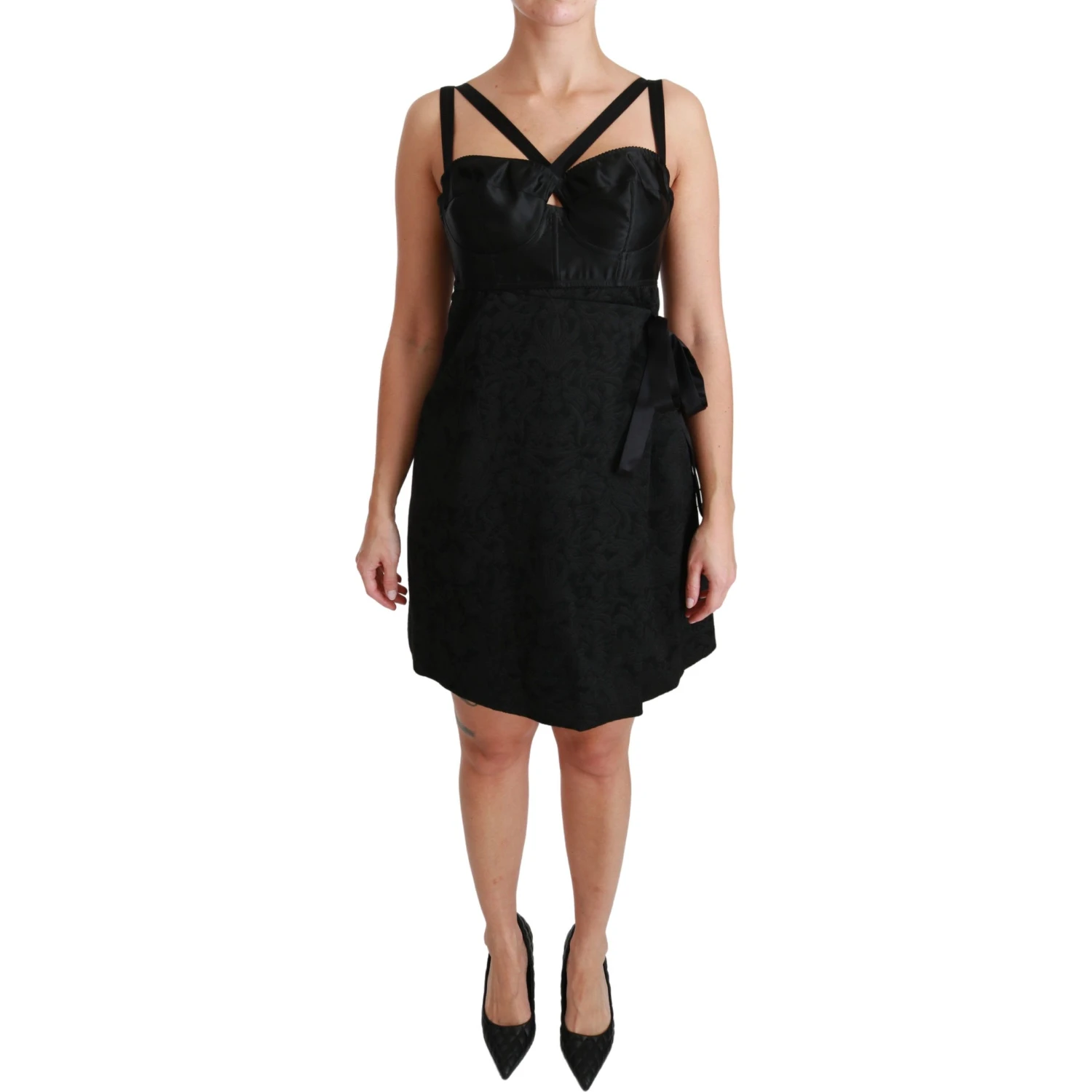 Black Stretch Satin Jacquard Mini Dress