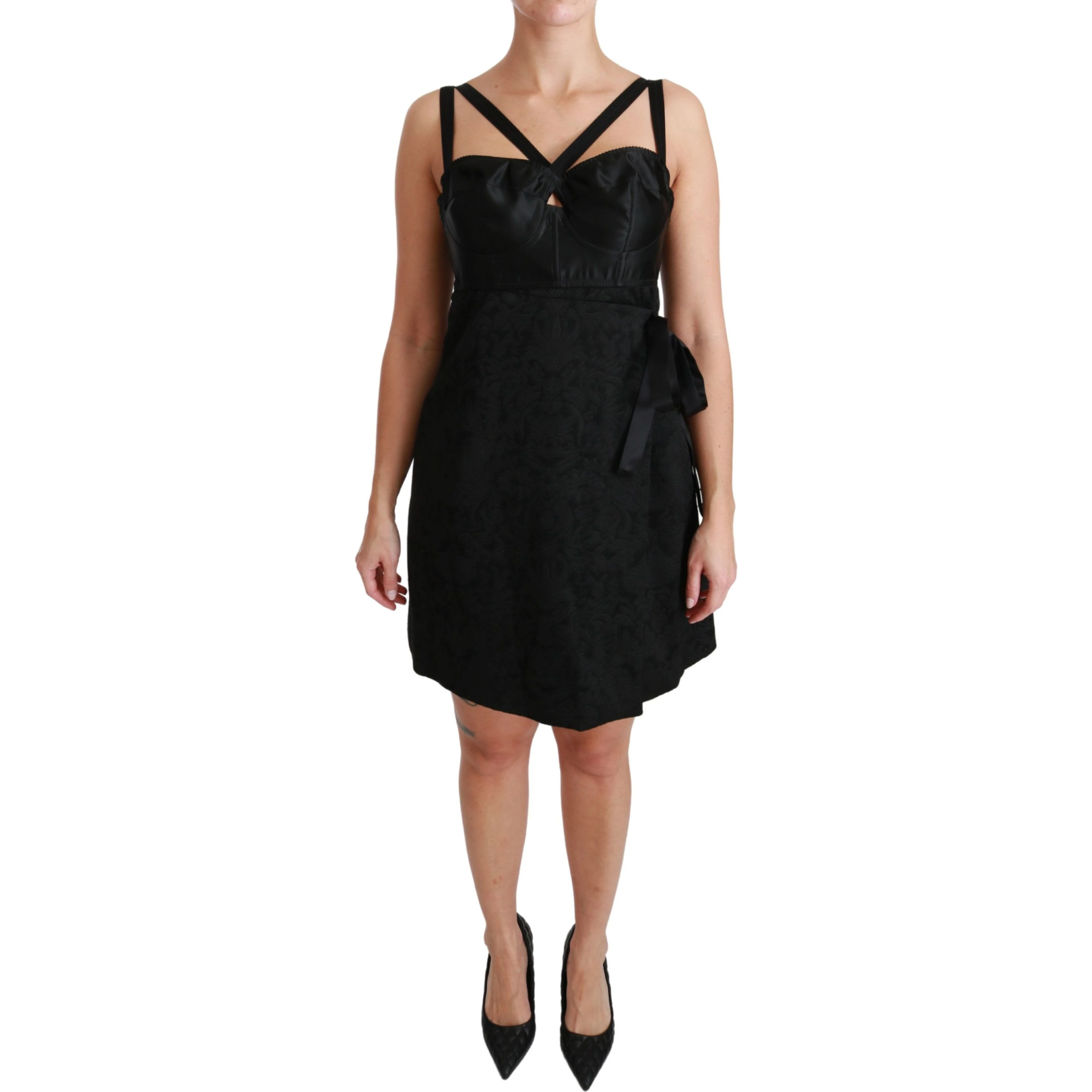 Black Stretch Satin Jacquard Mini Dress