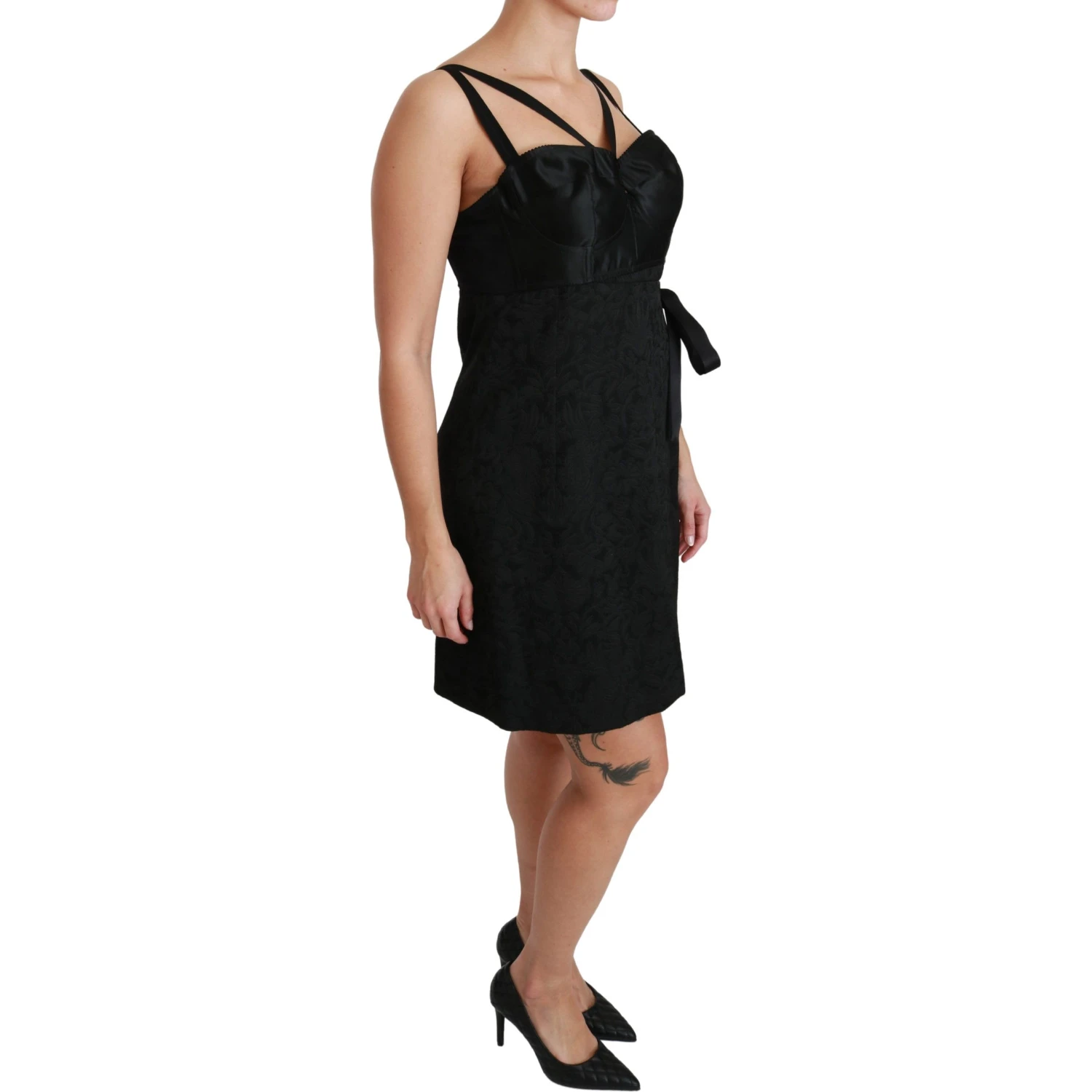 Black Stretch Satin Jacquard Mini Dress