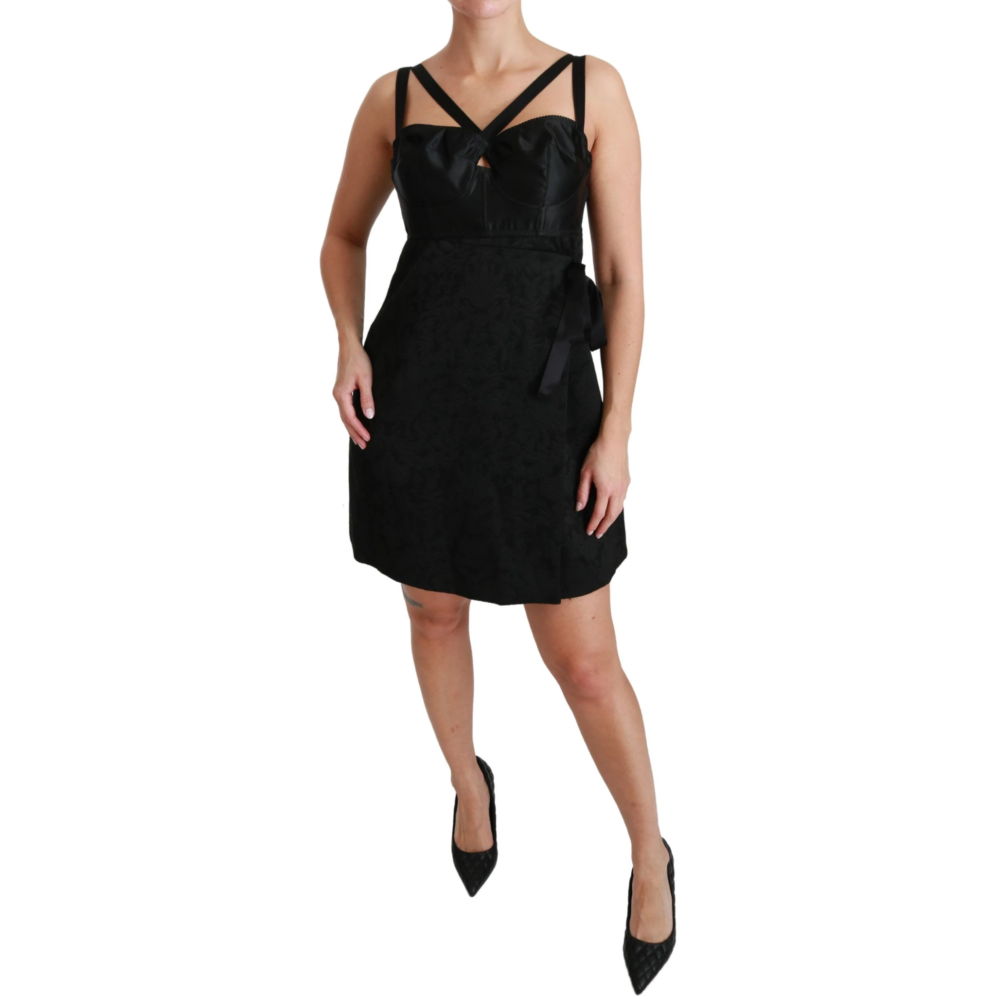 Black Stretch Satin Jacquard Mini Dress