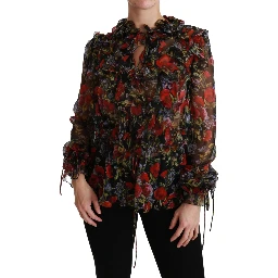 Black Floral Roses Blouse Silk Top