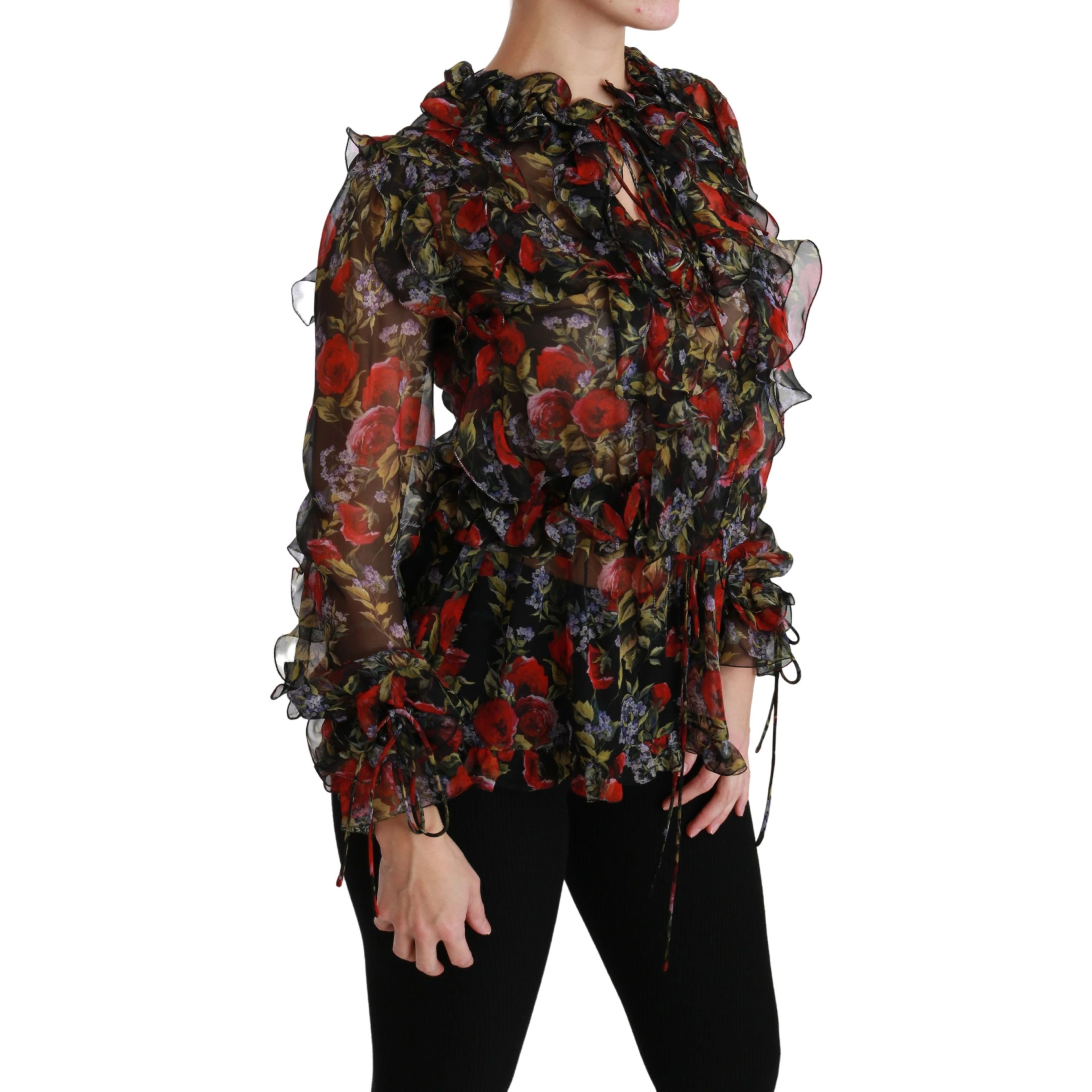 Black Floral Roses Blouse Silk Top