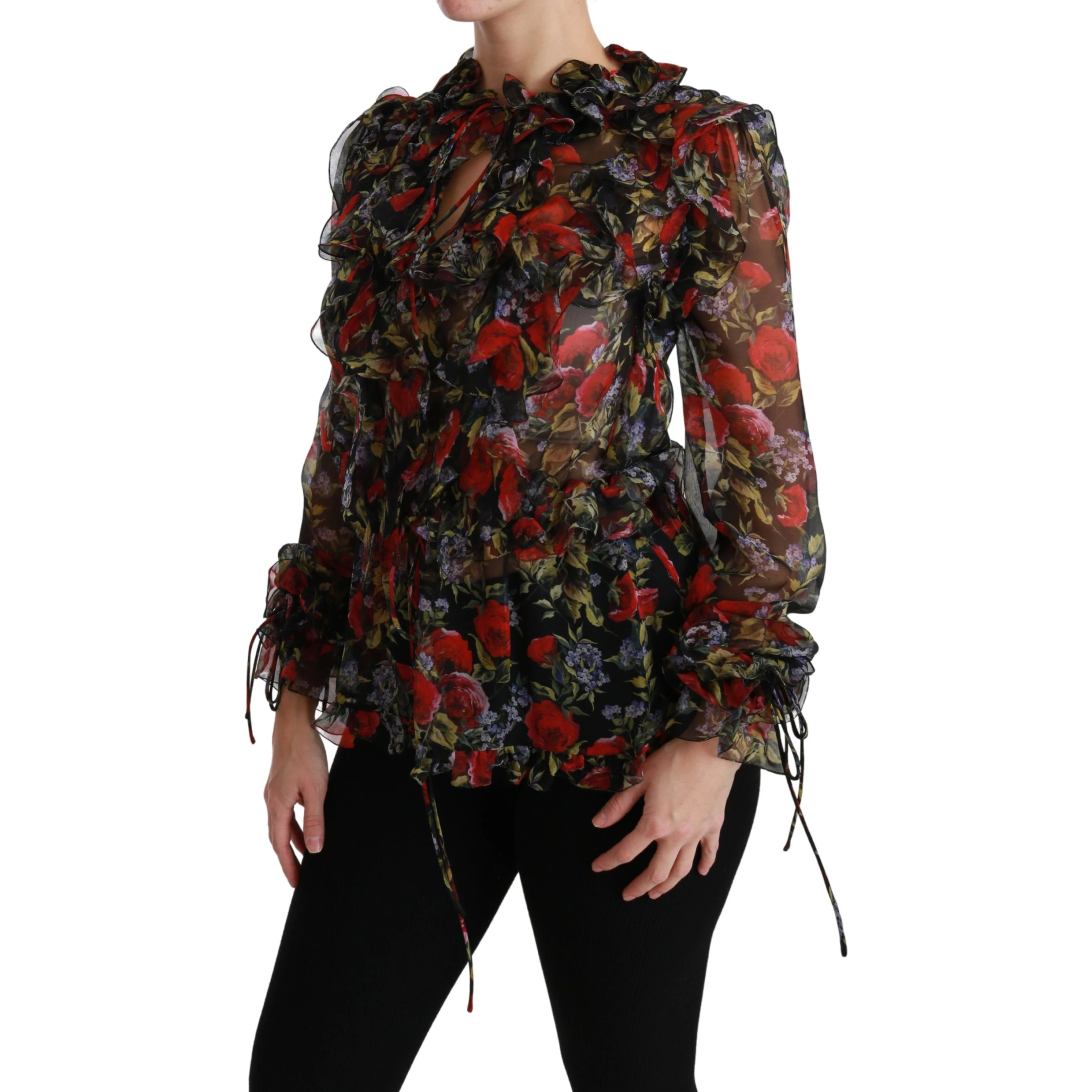 Black Floral Roses Blouse Silk Top