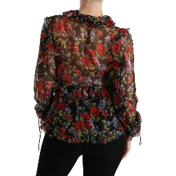 Black Floral Roses Blouse Silk Top