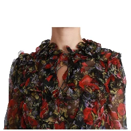Black Floral Roses Blouse Silk Top