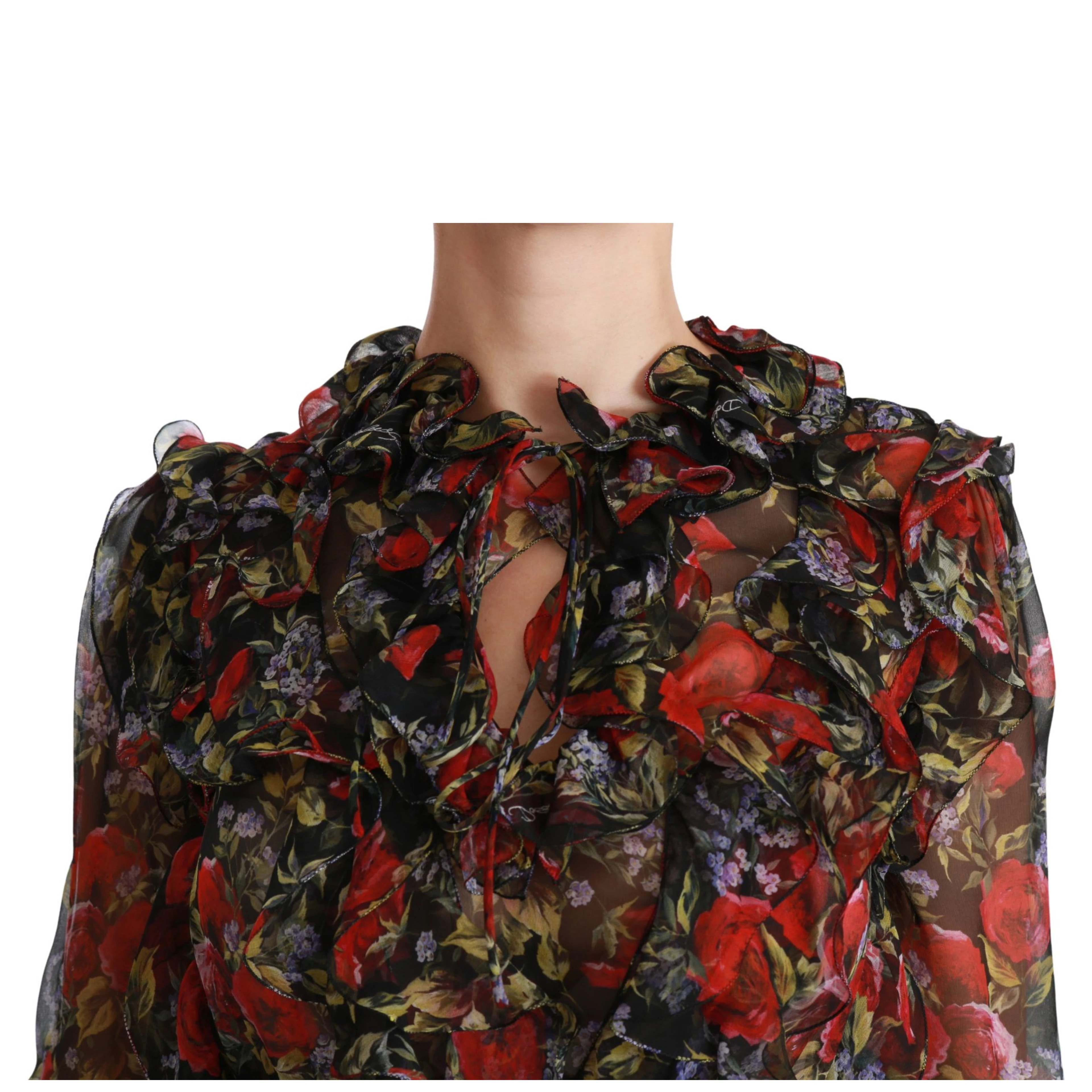 Black Floral Roses Blouse Silk Top