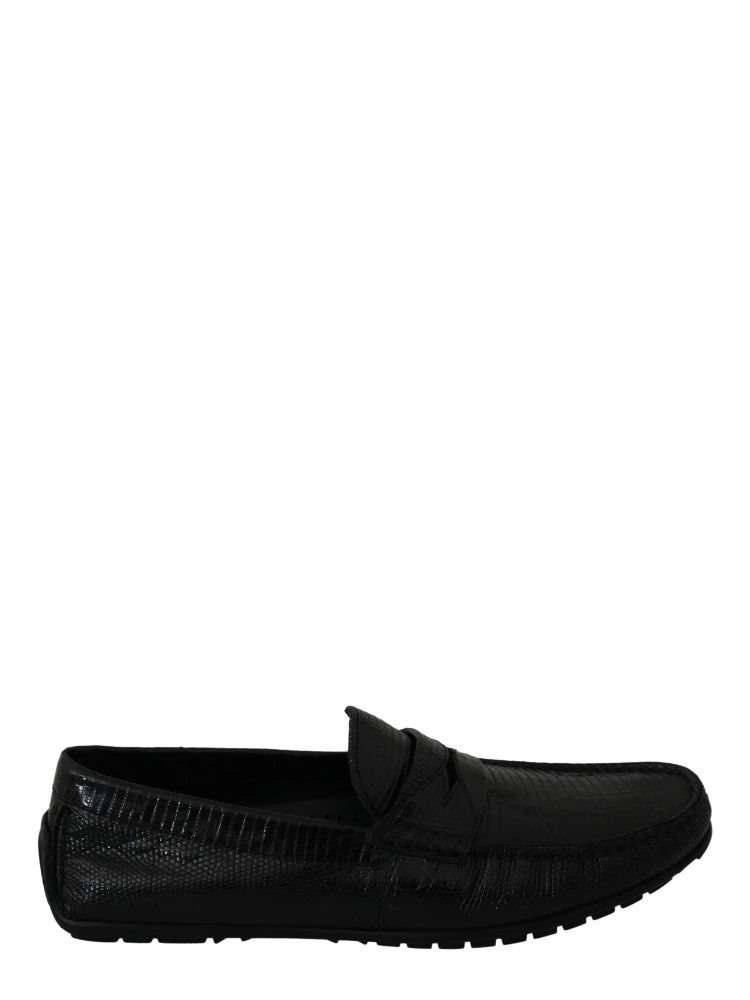 Black Lizard Leather Flat Loafers Shoes