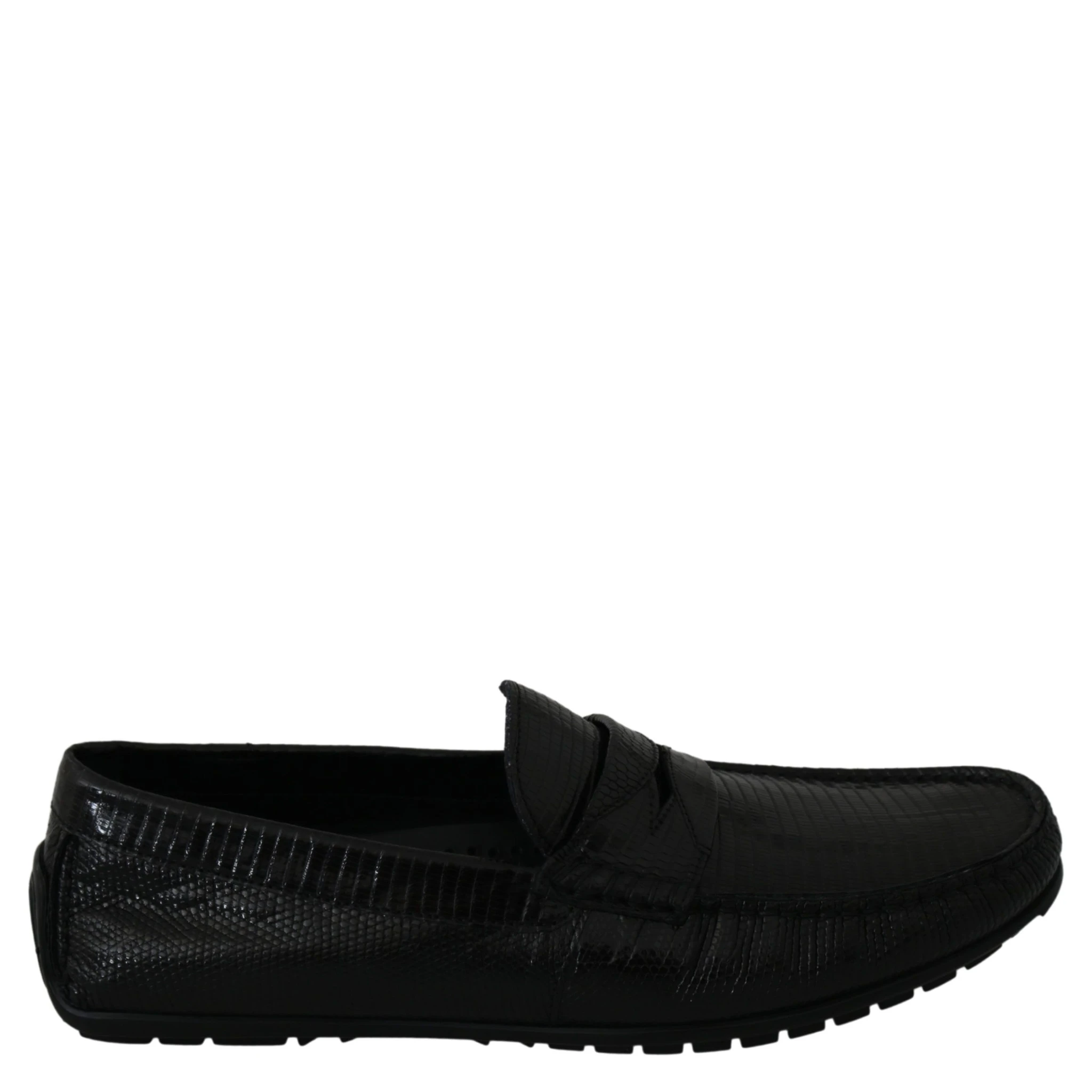 Black Lizard Leather Flat Loafers Shoes