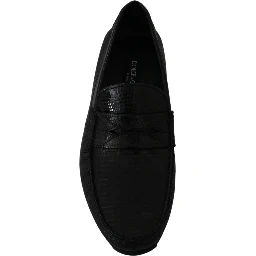 Black Lizard Leather Flat Loafers Shoes