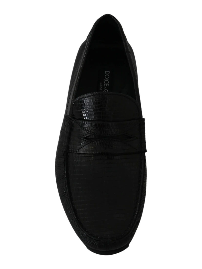 Black Lizard Leather Flat Loafers Shoes