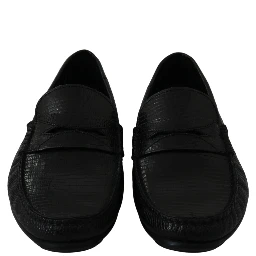 Black Lizard Leather Flat Loafers Shoes