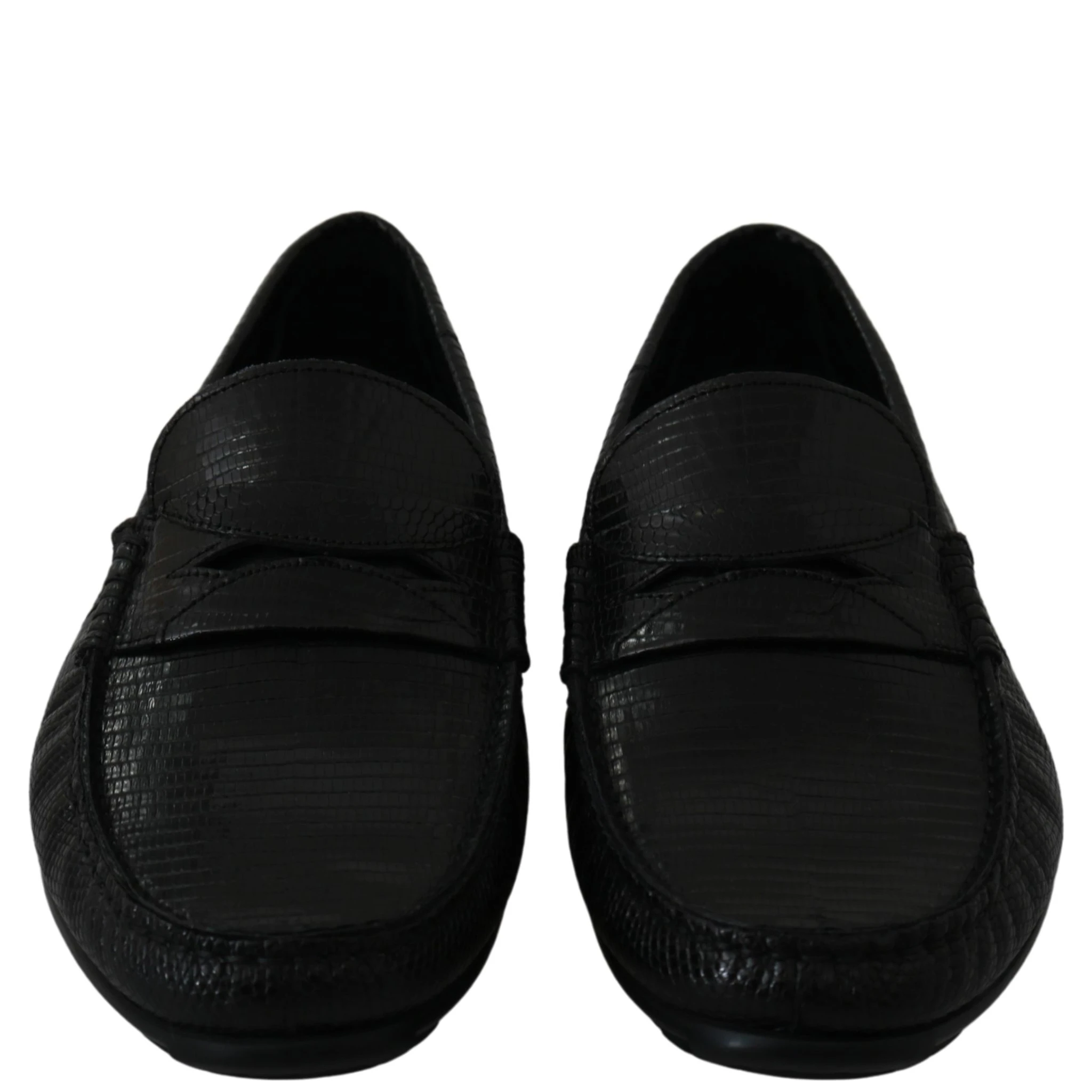 Black Lizard Leather Flat Loafers Shoes