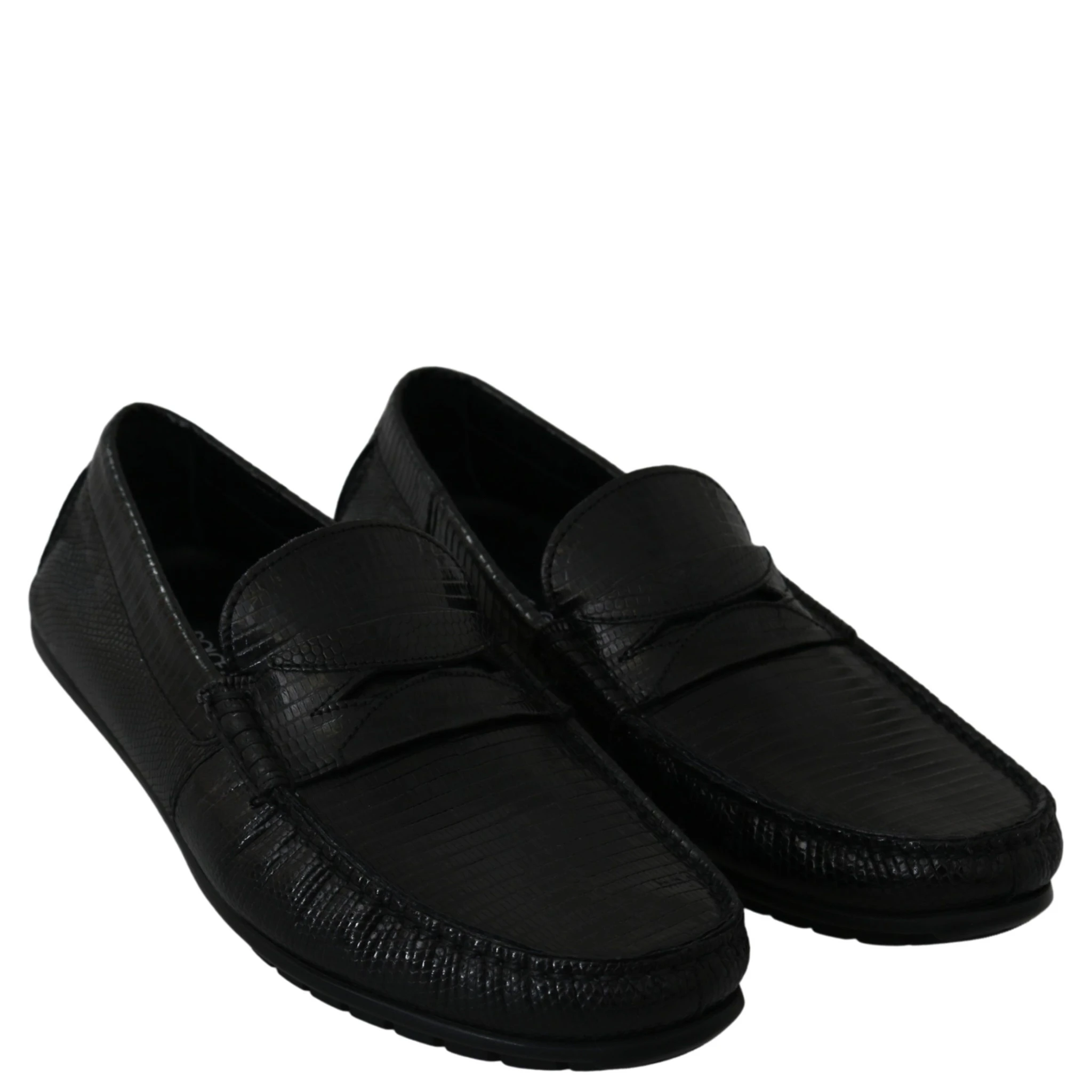 Black Lizard Leather Flat Loafers Shoes