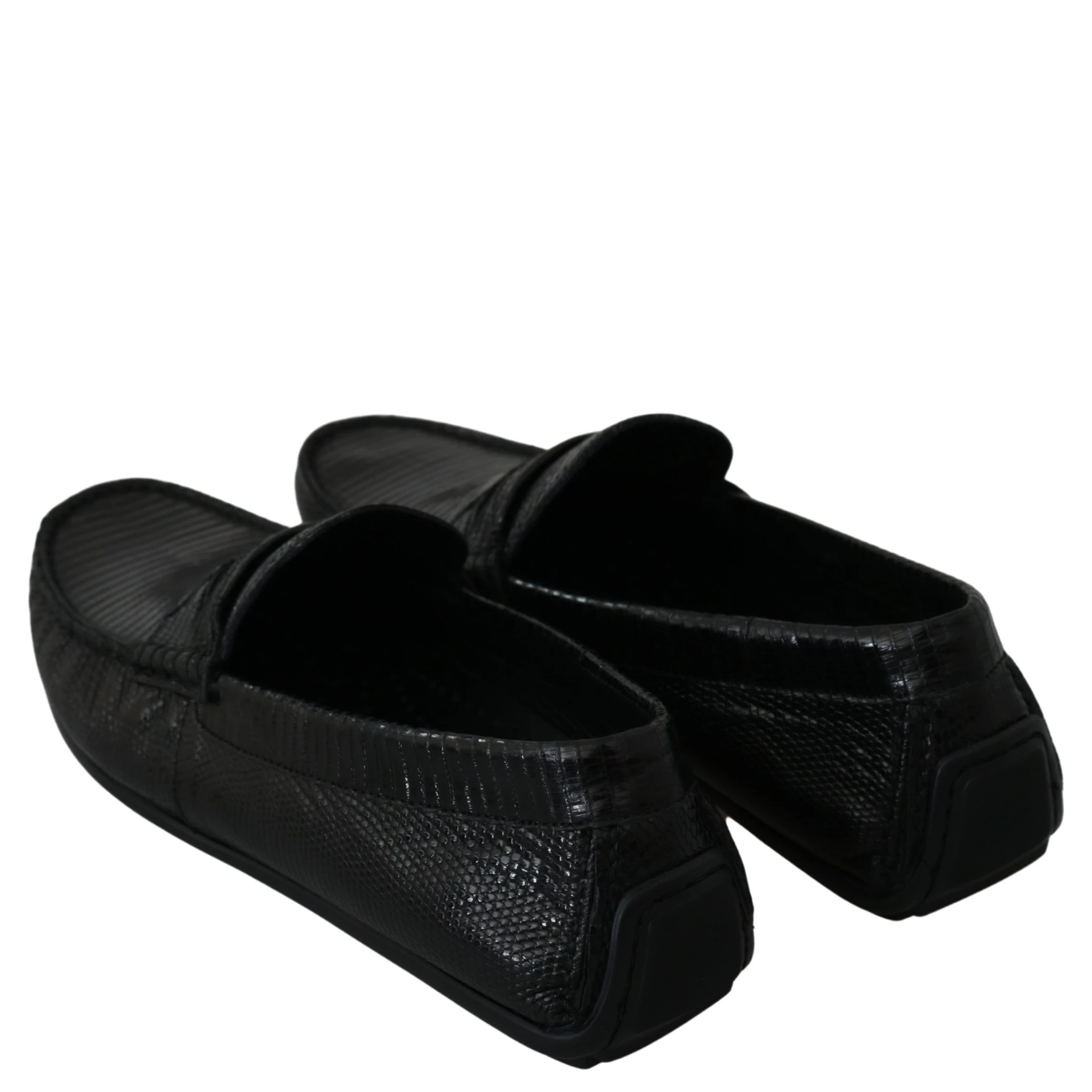 Black Lizard Leather Flat Loafers Shoes