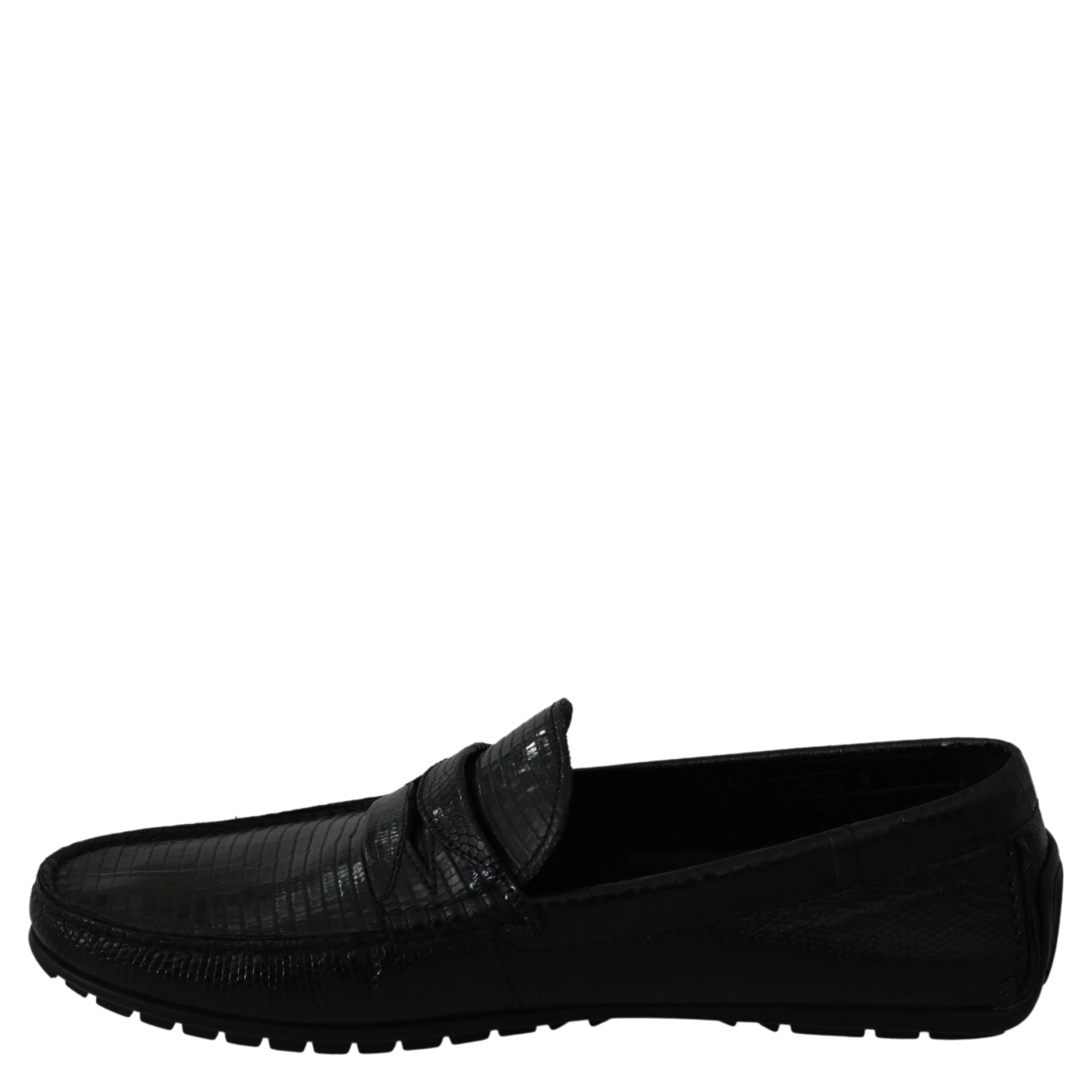 Black Lizard Leather Flat Loafers Shoes