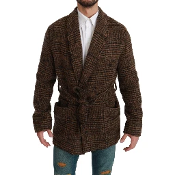 Brown Checkered Wool Robe Coat  Wrap Jacket