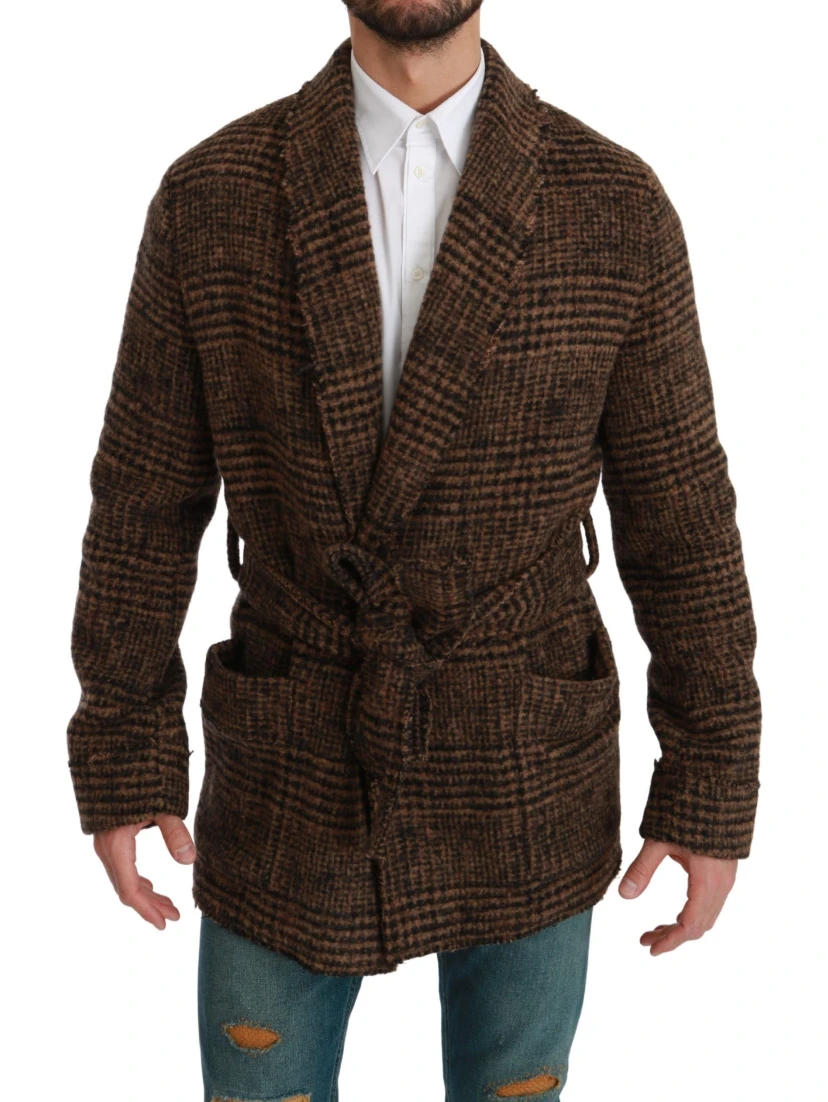 Brown Checkered Wool Robe Coat  Wrap Jacket