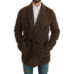 Brown Checkered Wool Robe Coat  Wrap Jacket