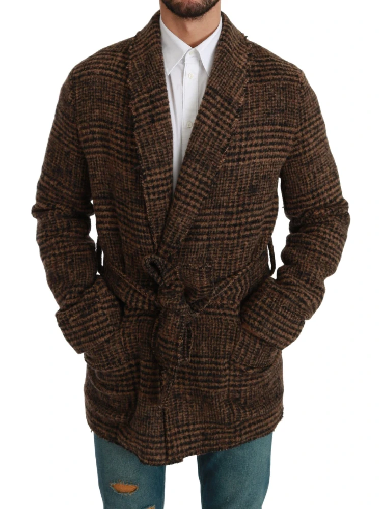 Brown Checkered Wool Robe Coat  Wrap Jacket alternative