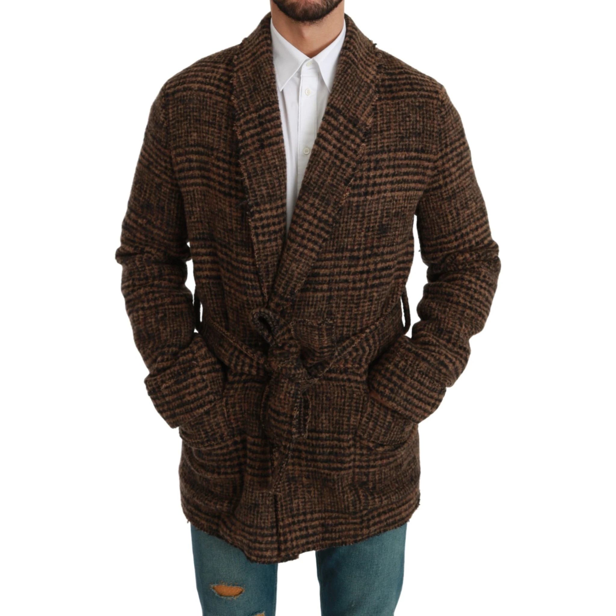 Brown Checkered Wool Robe Coat  Wrap Jacket