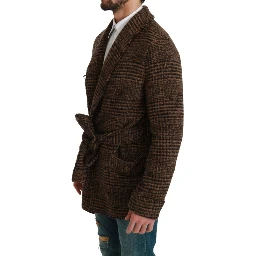 Brown Checkered Wool Robe Coat  Wrap Jacket