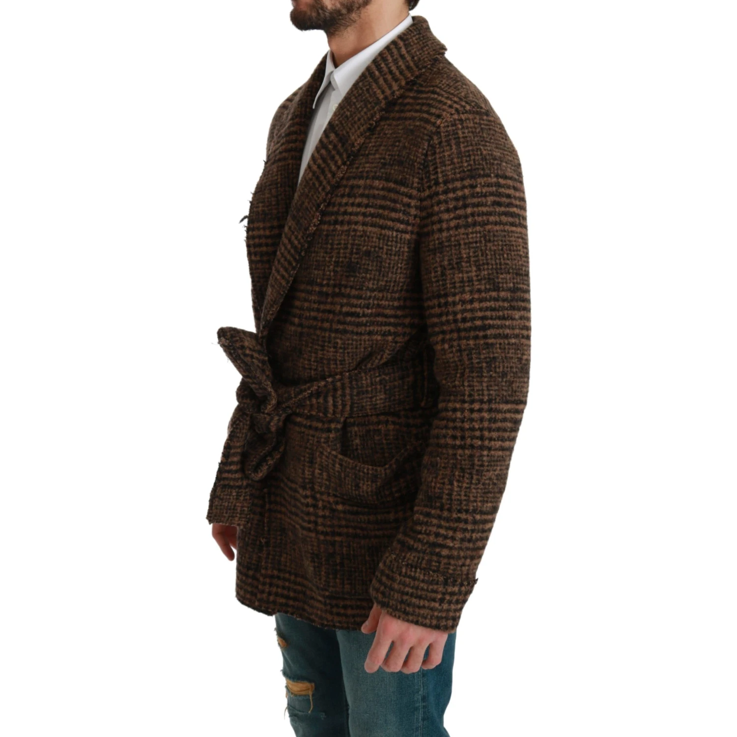 Brown Checkered Wool Robe Coat  Wrap Jacket