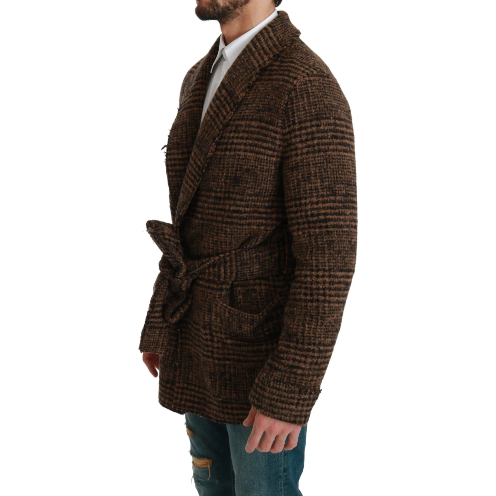 Brown Checkered Wool Robe Coat  Wrap Jacket
