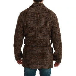 Brown Checkered Wool Robe Coat  Wrap Jacket
