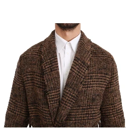 Brown Checkered Wool Robe Coat  Wrap Jacket