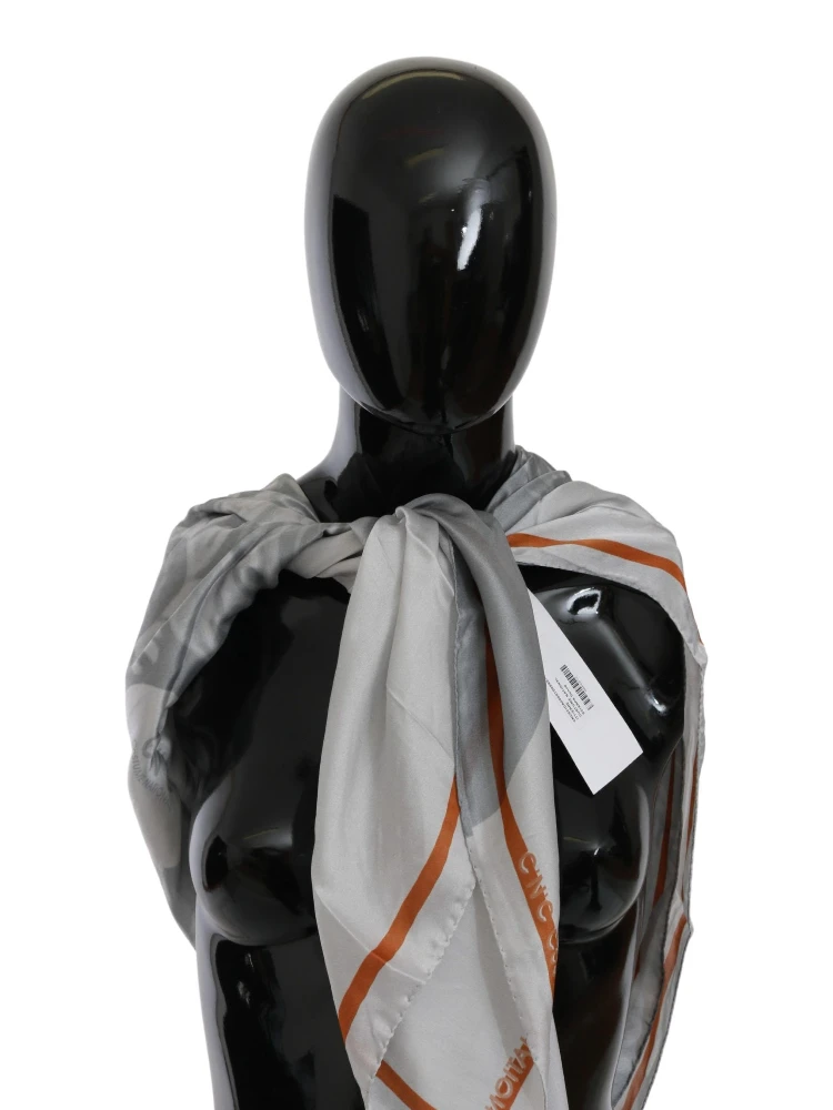 Gray Orange Silk Floral Foulard Wrap Scarf