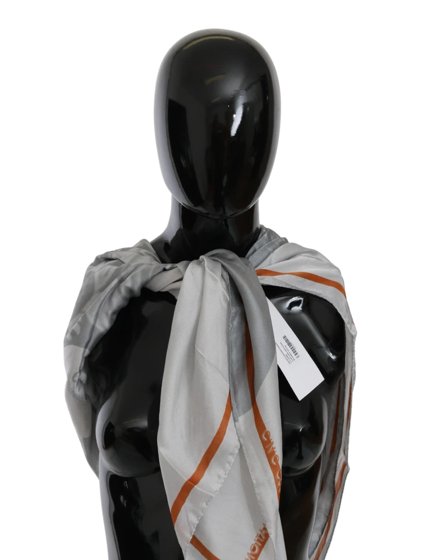 Gray Orange Silk Floral Foulard Wrap Scarf