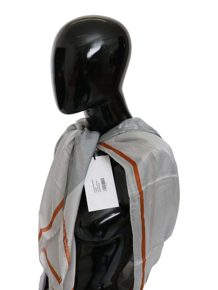 Gray Orange Silk Floral Foulard Wrap Scarf