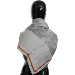 Gray Orange Silk Floral Foulard Wrap Scarf