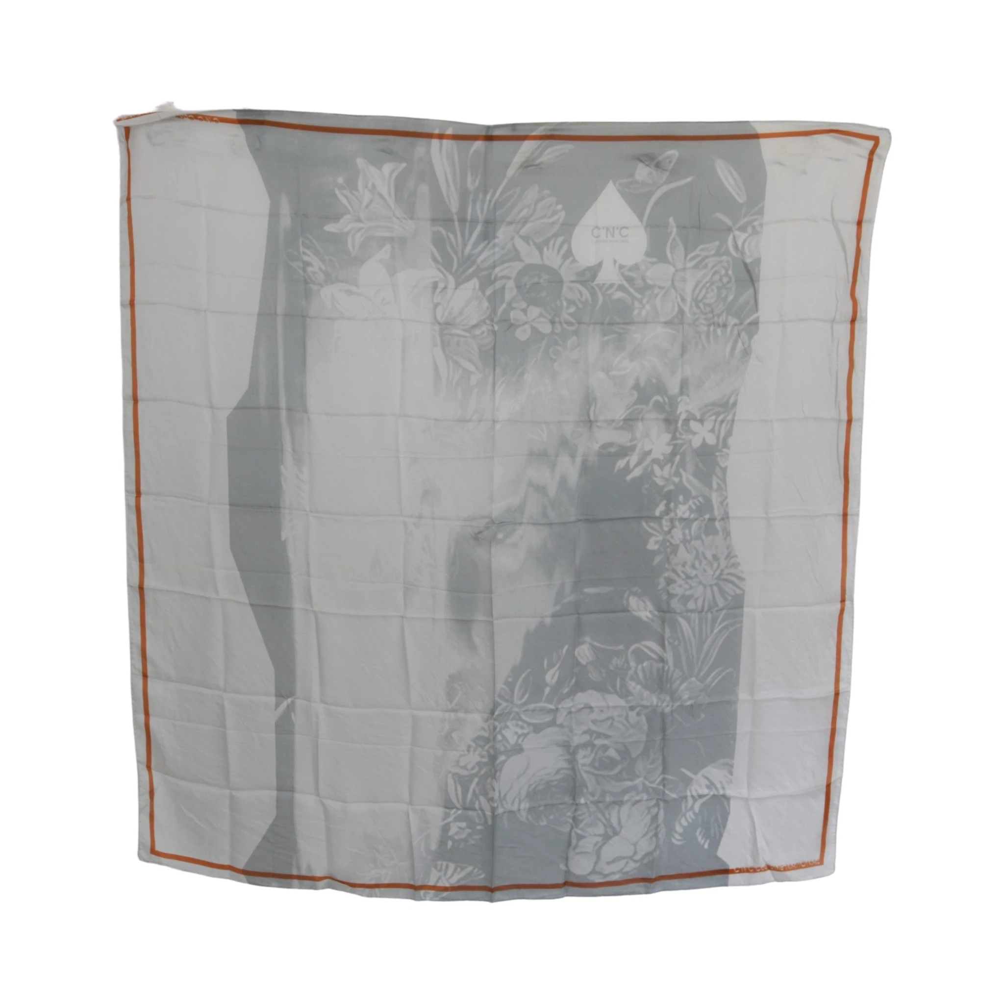Gray Orange Silk Floral Foulard Wrap Scarf