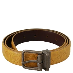 Yellow Exotic Skin Leather Grey Buckle Belt