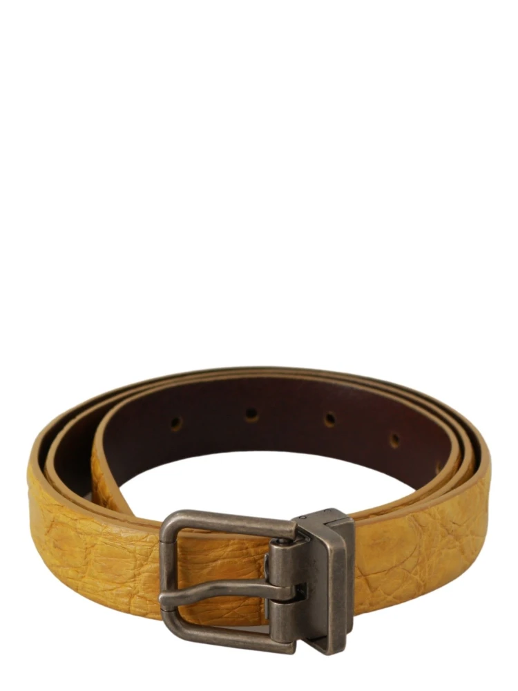 Yellow Exotic Skin Leather Grey Buckle Belt
