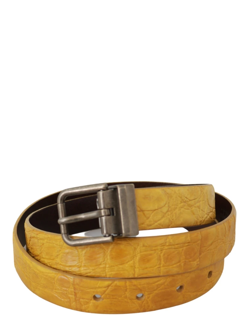 Yellow Exotic Skin Leather Grey Buckle Belt