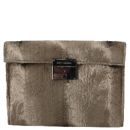 Beige Velvet Floral Leather Men Document Briefcase