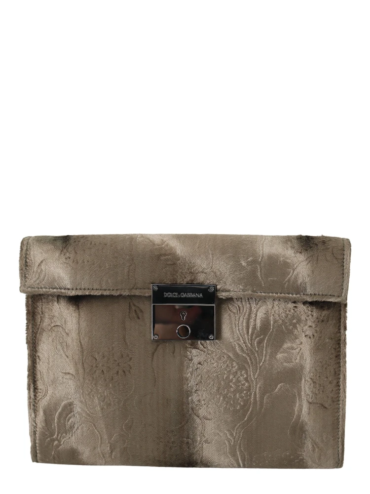 Beige Velvet Floral Leather Men Document Briefcase